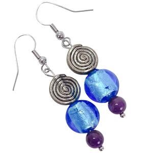 VTG Artisan Earrings Cobalt Glass Genuine Amethyst Gemstone Beads French Hook
